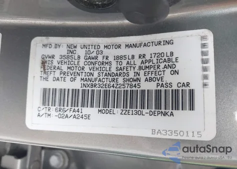 2004 Toyota Corolla Le из США, поврежденный, VIN 1NXBR32E64Z257845